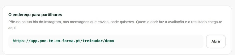O painel do treinador, com o endereço pronto a partilhar