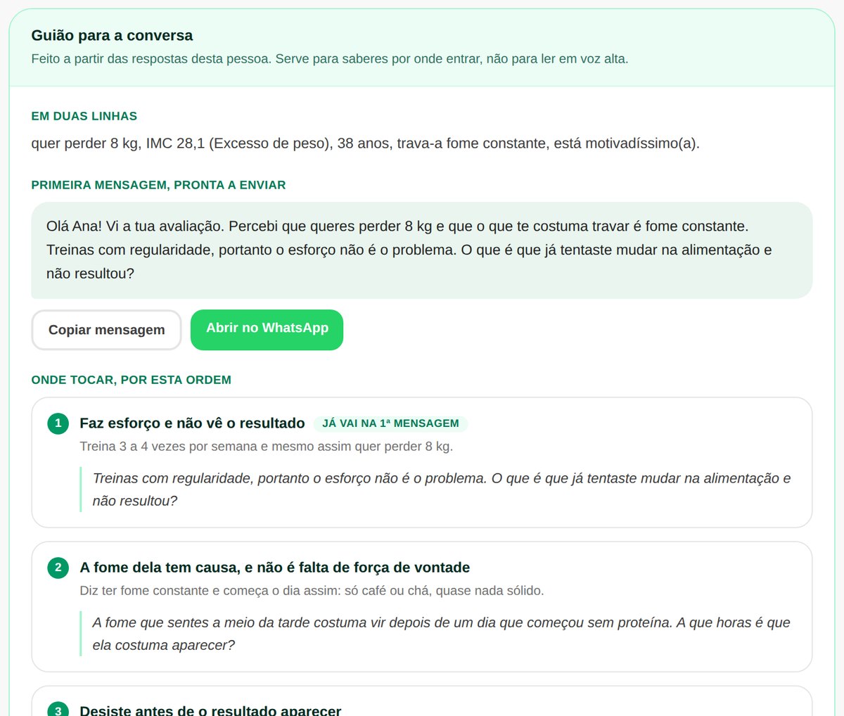 O guião de conversa gerado a partir das respostas de uma pessoa